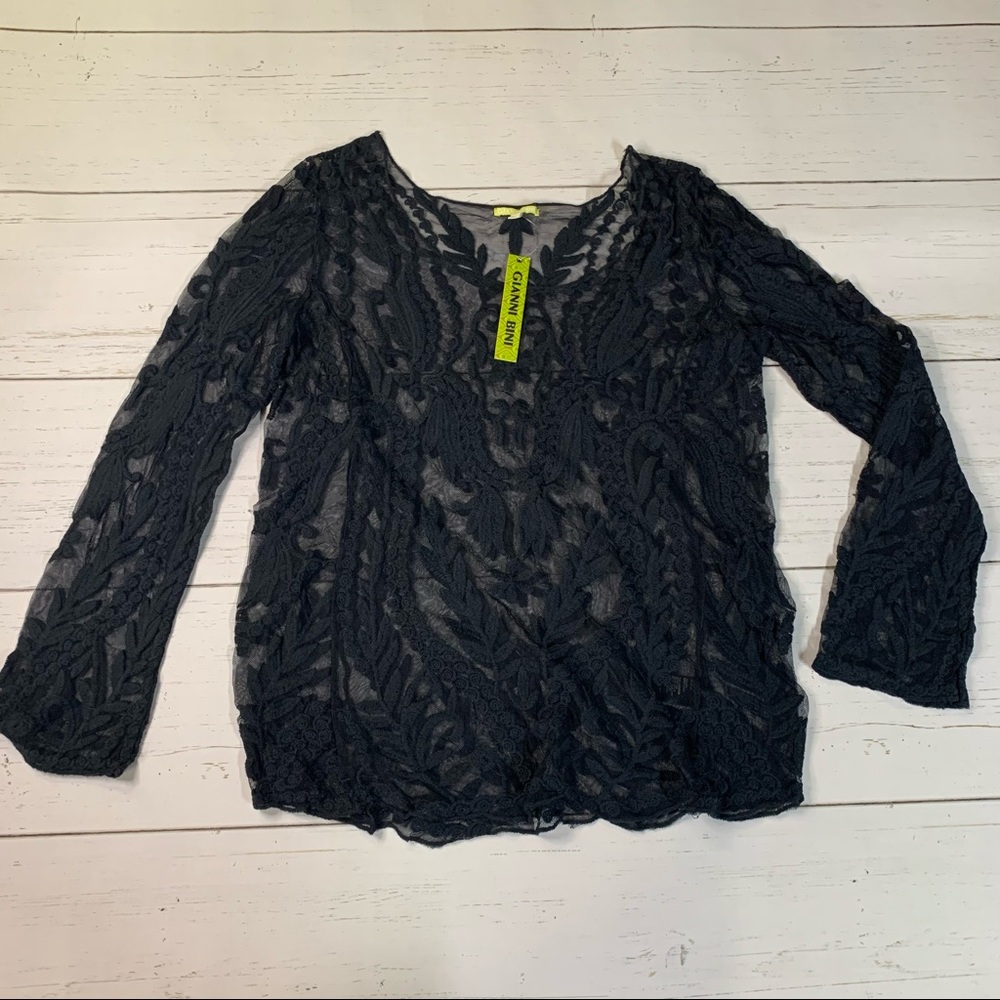 NWT Gianni Bini Size L Black Lacy See Thru Shirt